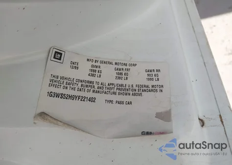 2000 Oldsmobile Intrigue Gl z USA, uszkodzony, nr VIN 1G3WS52H9YF221402